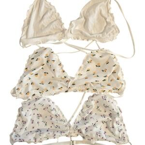 Lingerie Bralette Set Floral Print White Ribbed Ruffle Tie Back Size M